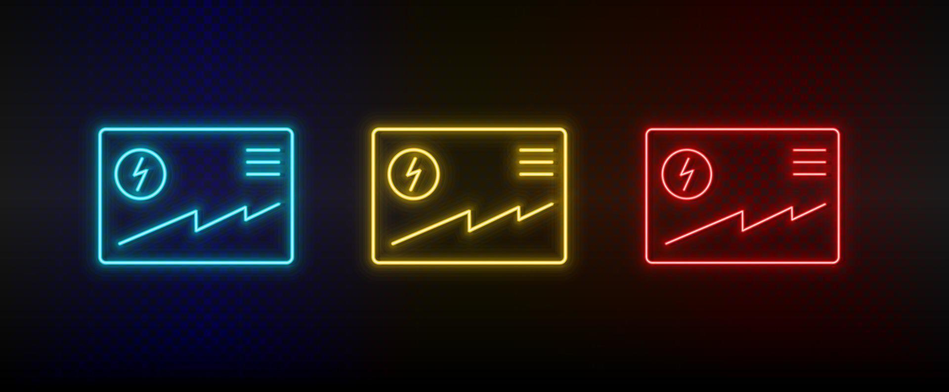 Neon icon set business and finance, analytic. Set of red, blue, yellow neon vector icon on transparency dark background