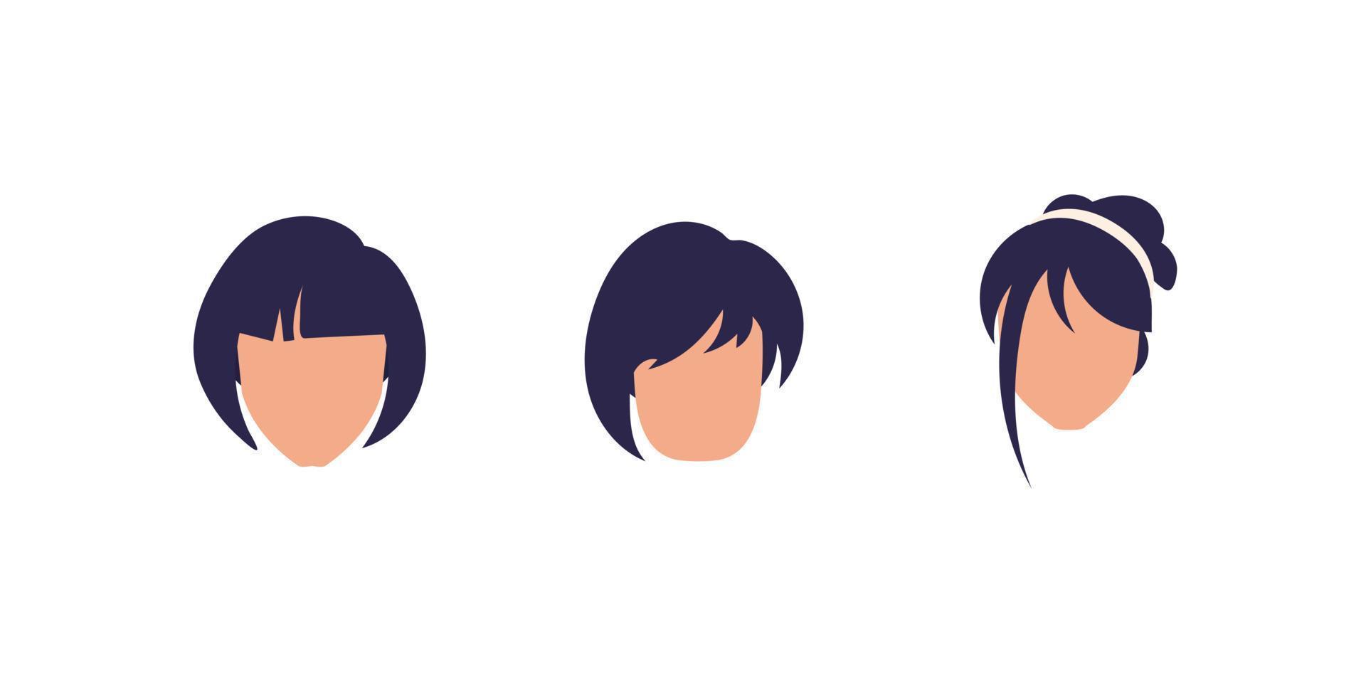 Set of faces of girls with different hairstyles. Isolated on white background. Vector. vector