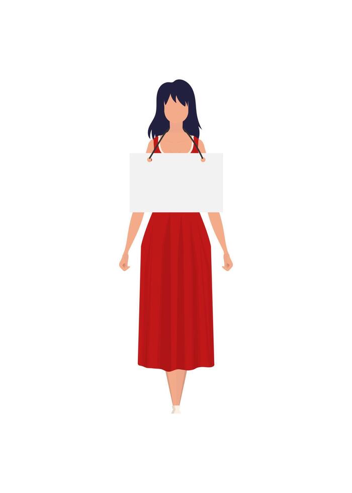 A girl in full growth with a banner in her hands. Isolated. Flat style. illustration. vector