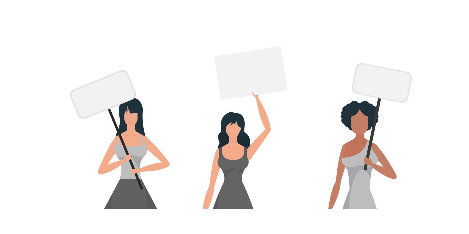 A woman protests with a banner. The concept of expressing thoughts, dissatisfaction and protests. Set for banners and designs. Vector. vector