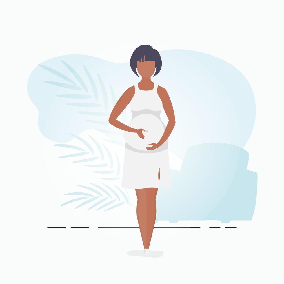 Pregnant girl in full growth. Happy pregnancy. Postcard or poster in gentle colors for your design. Flat vector illustration.