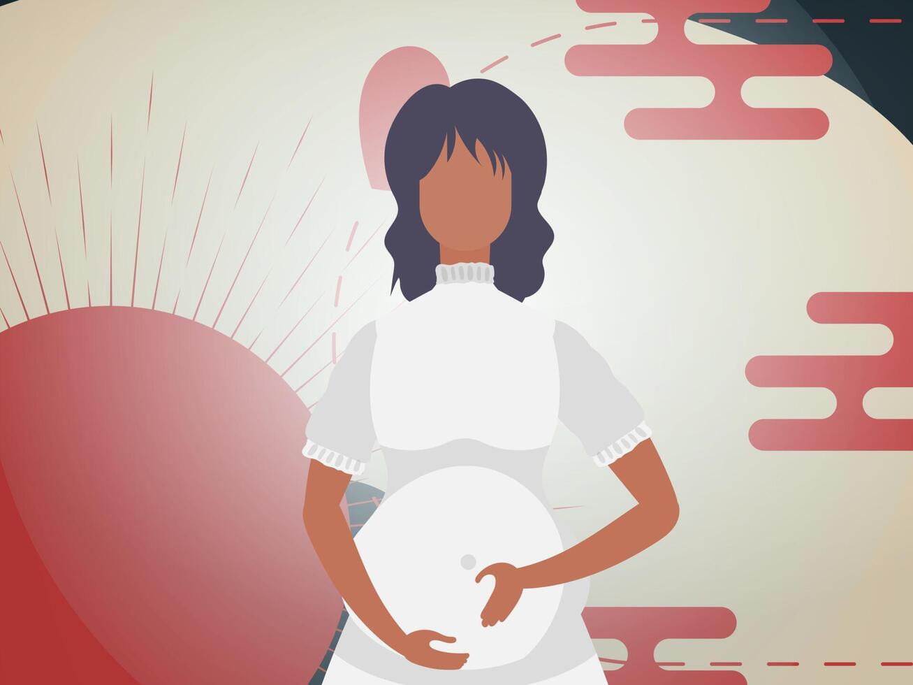 A pregnant girl holds her hands on her stomach. Chinese style banner. Vector illustration.