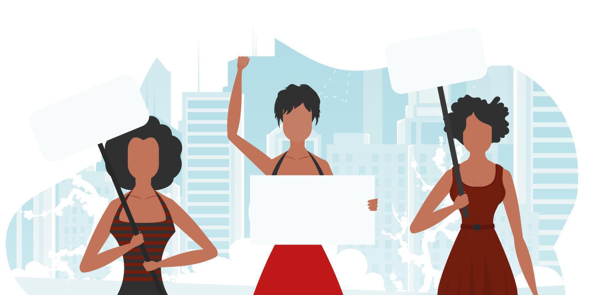 A group of girls are protesting. Banner in blue tones. in cartoon style. vector