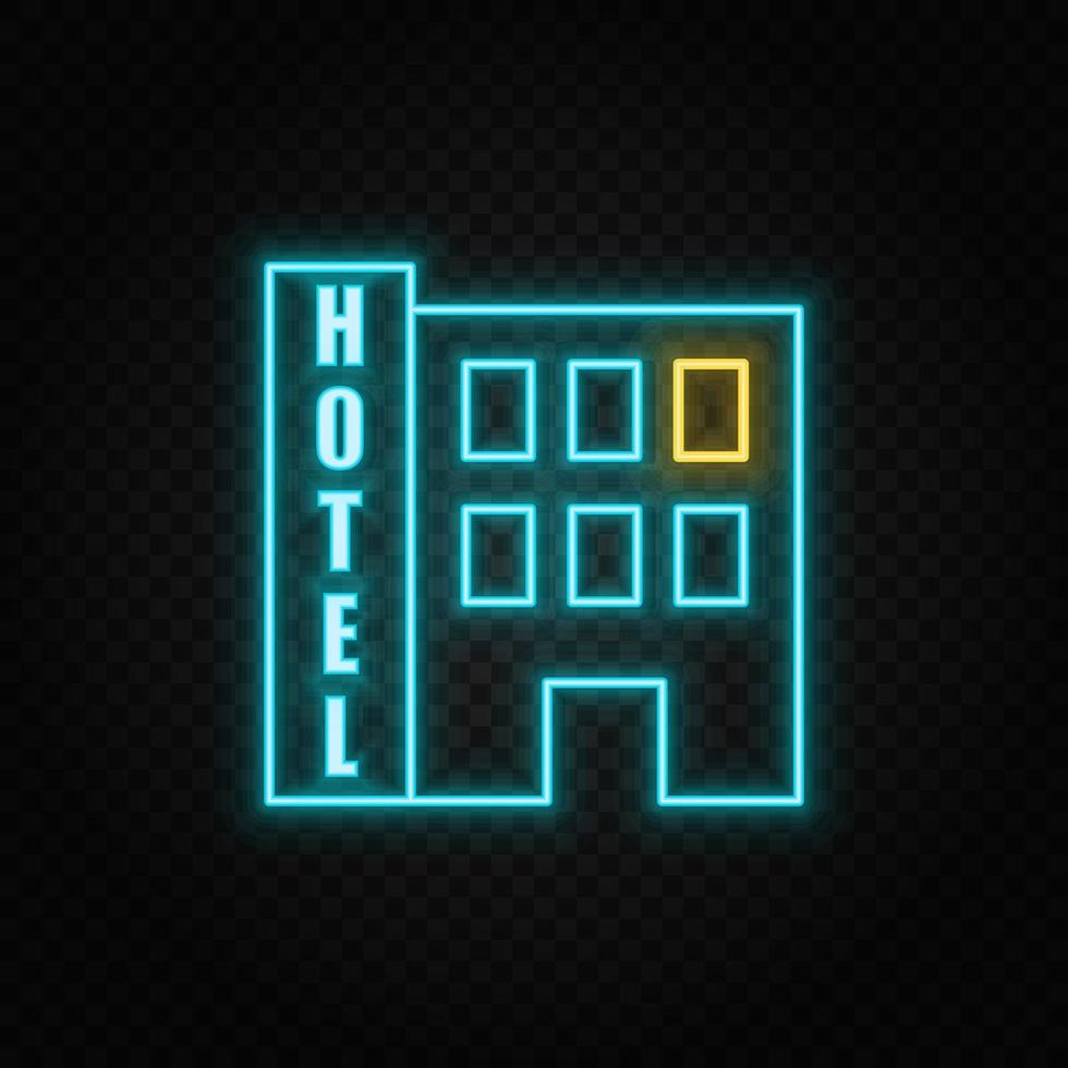 building, hotel neon vector icon. Blue and yellow neon vector icon. Vector transparent background