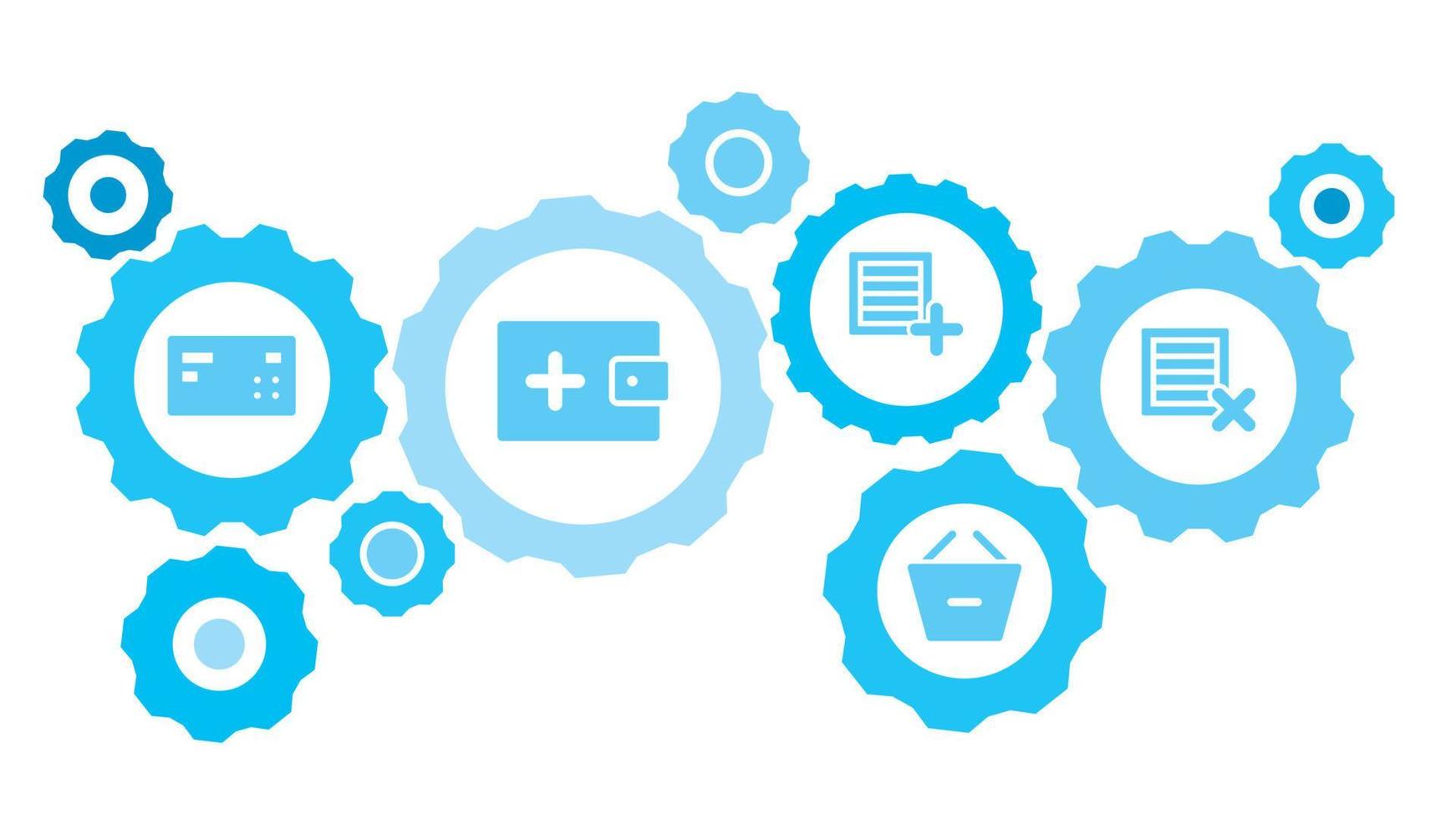 Connected gears and vector icons for logistic, service, shipping, distribution, transport, market, communicate concepts. Delete, ecommerce, box gear blue icon set on white background