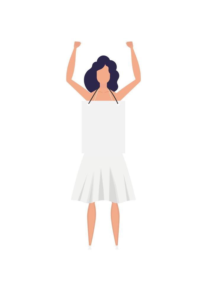 A girl in full growth protests with a banner. Isolated on white background. Flat style. . vector