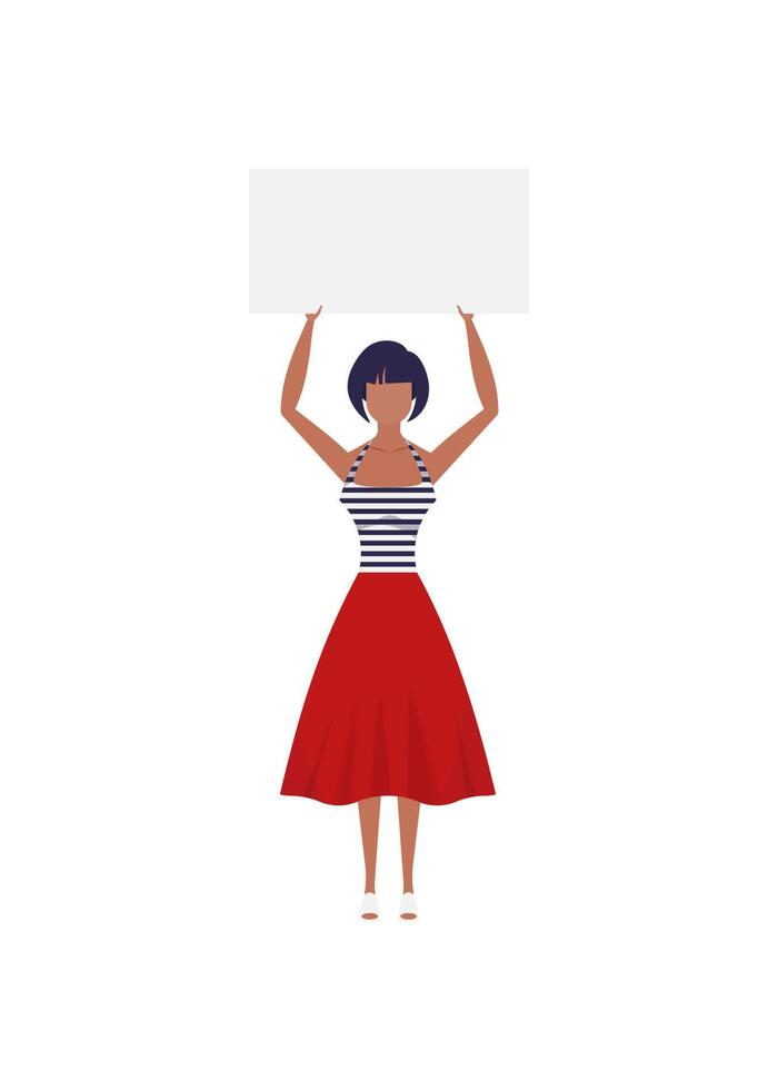 Full length woman protesting with a banner. Isolated. Flat style. Vector illustration.