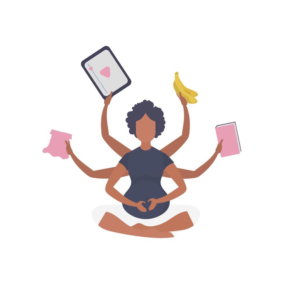 Pregnant girl in the lotus position. Yoga and sports for pregnant women. Isolated. Vector illustration in cartoon style.