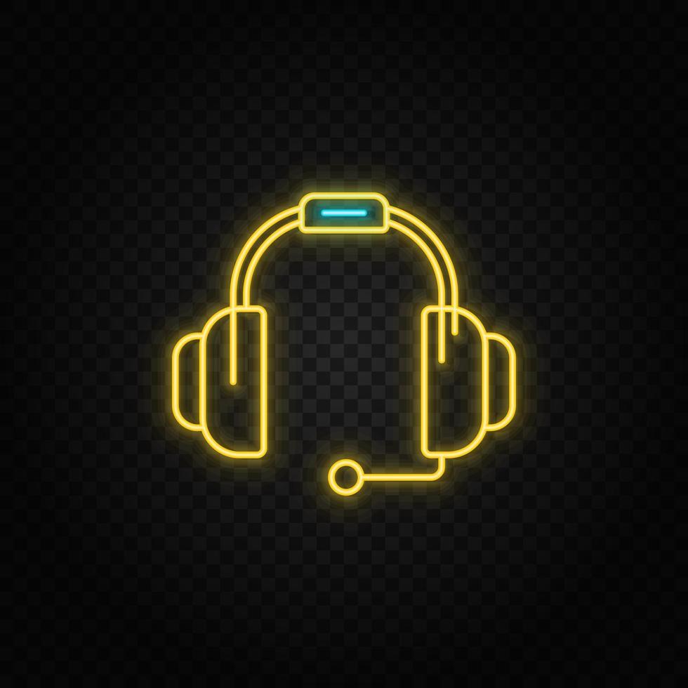 Earphone, headphone. Blue and yellow neon vector icon. Transparent background on dark background