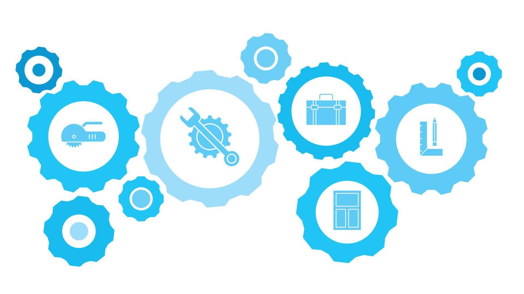 Connected gears and vector icons for logistic, service, shipping, distribution, transport, market, communicate concepts. building, measurement gear blue icon set on white background