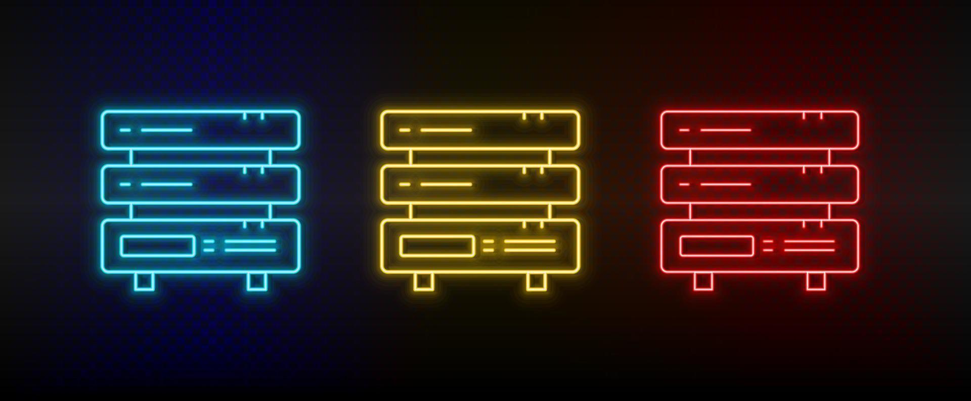 Neon icon set Backup cloud files. Set of red, blue, yellow neon vector icon on transparency dark background