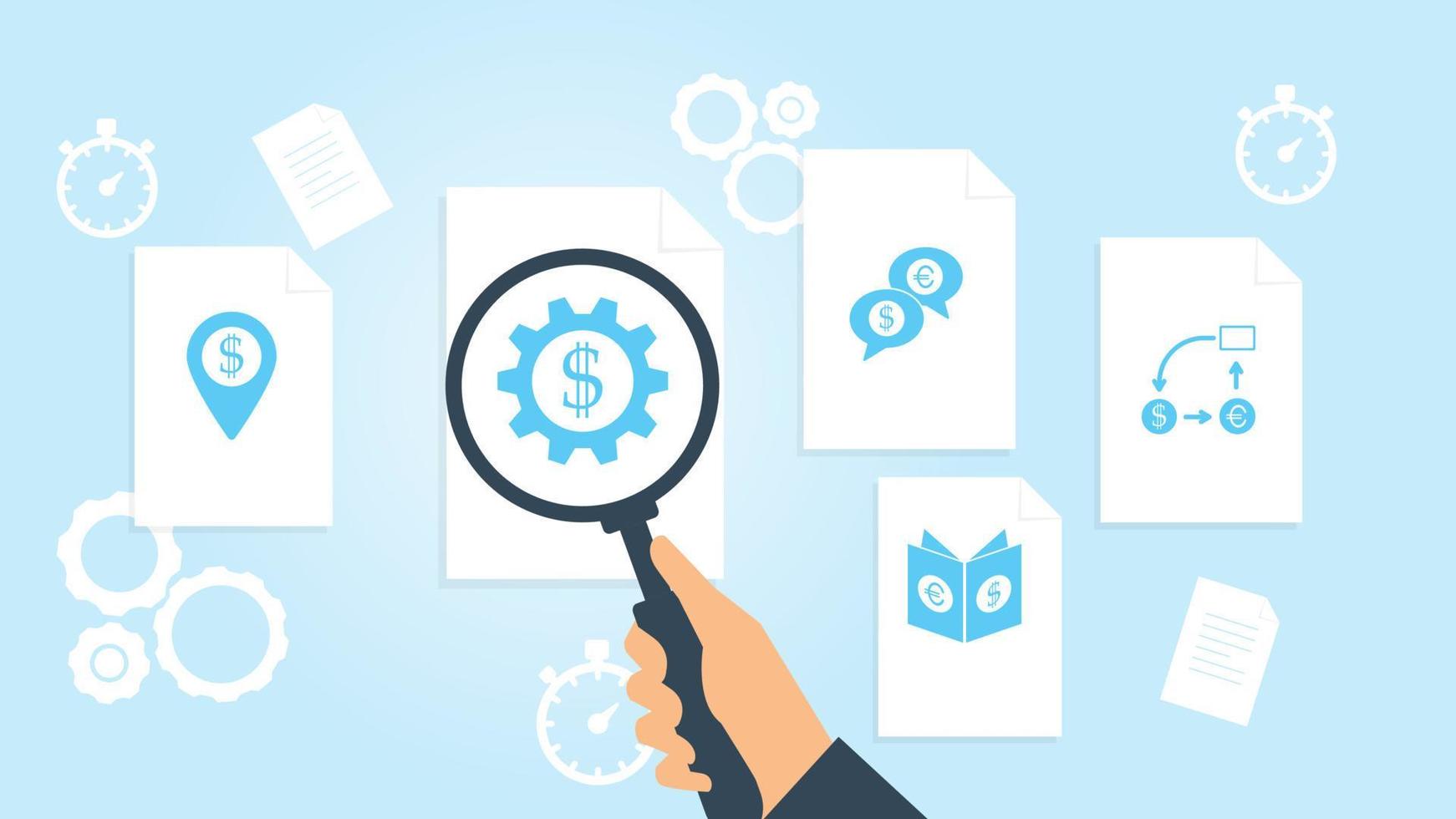 Business report, cash flow file, document research vector illustrationDocument with search icons. File and magnifying glass. Analytics research sign. Vector Illustration on white background