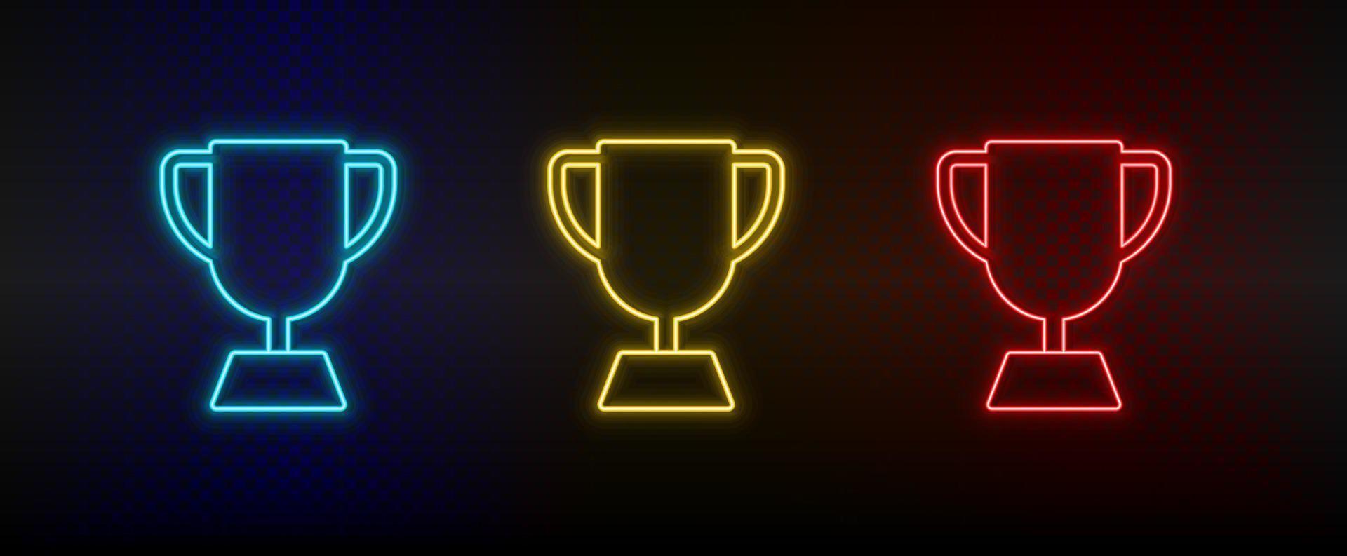 Neon icons, award, reward. Set of red, blue, yellow neon vector icon on darken transparent background