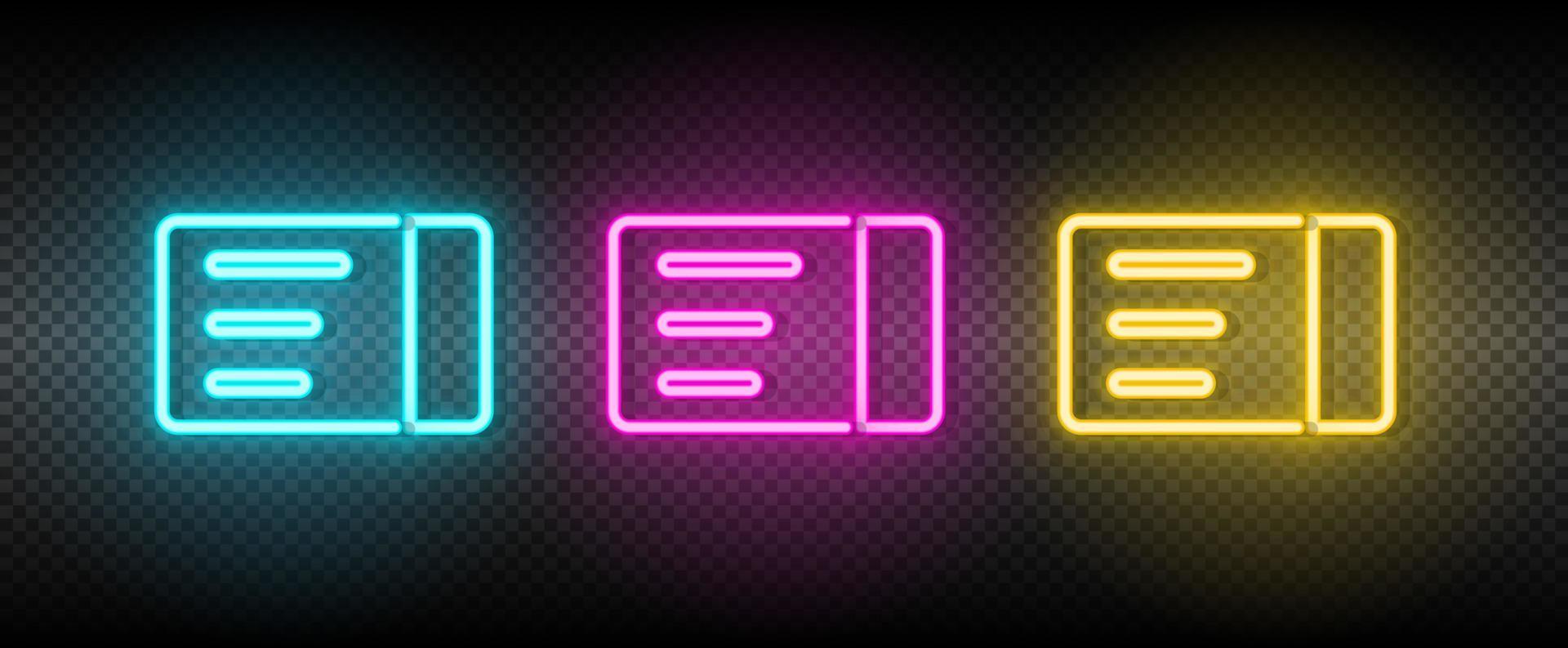 ticket neon vector icon. Illustration neon blue, yellow, red icon set