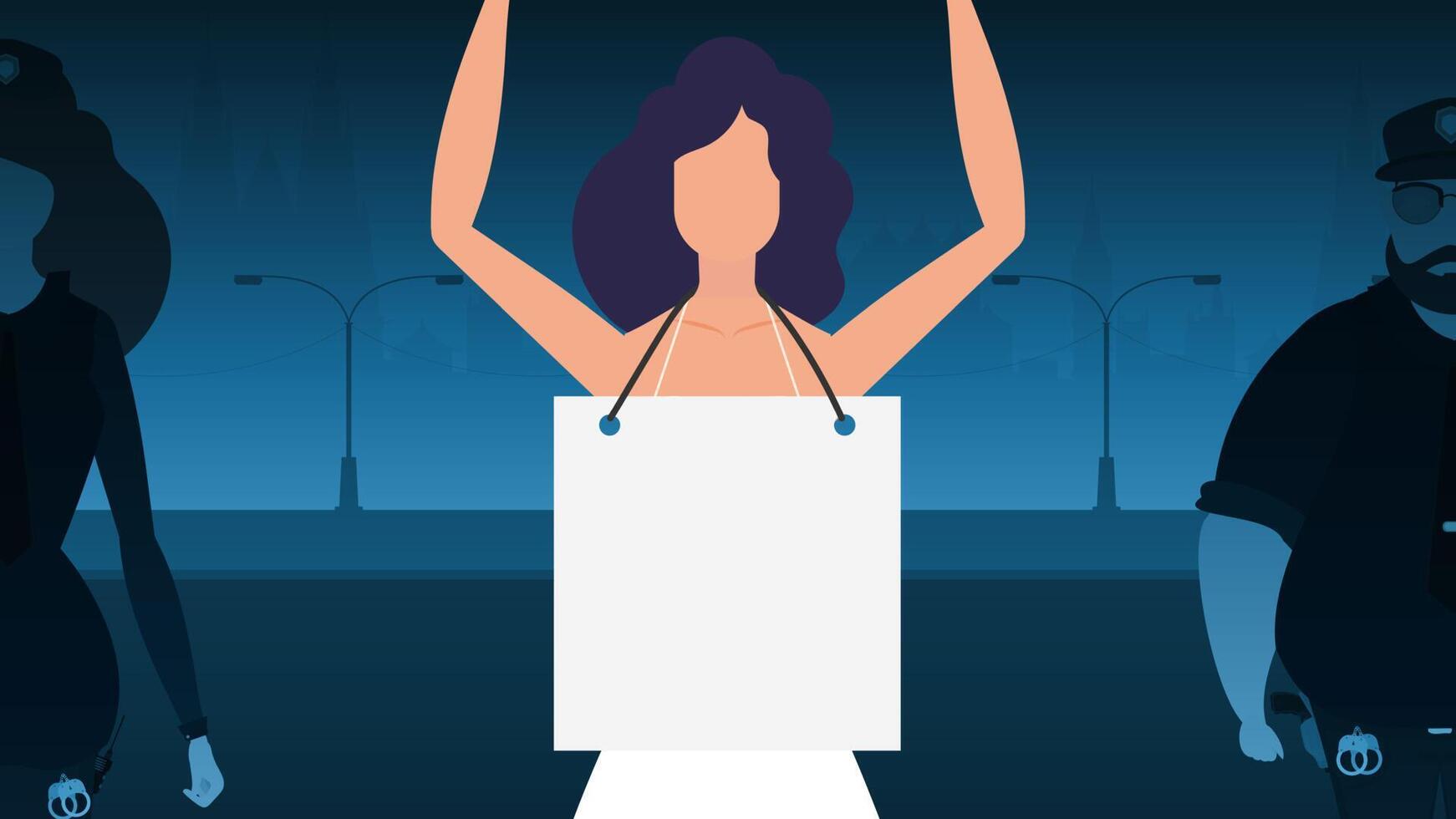 A woman protests with a banner against the backdrop of the city. The concept of expressing thoughts, dissatisfaction and protests. illustration. vector