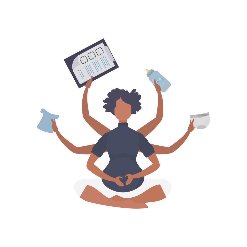 Pregnant girl in the lotus position. Yoga and sports for pregnant women. Isolated. Flat vector illustration.