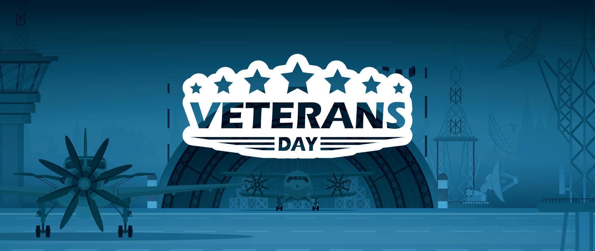 Veterans day banner. Military airport in the background. Cartoon style. vector