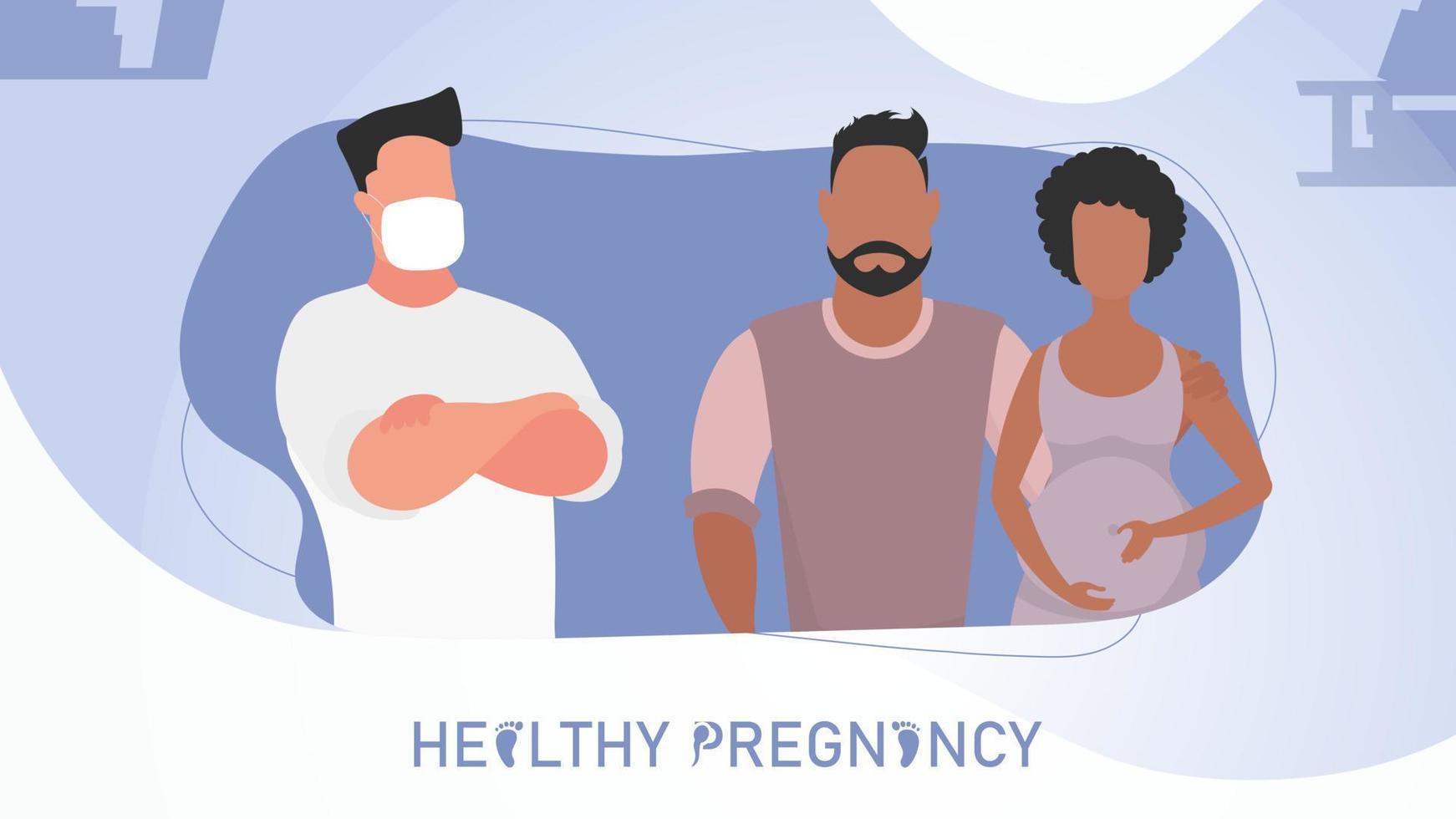 Healthy pregnancy banner. A pregnant woman and her man came to the doctor. Vector illustration design.