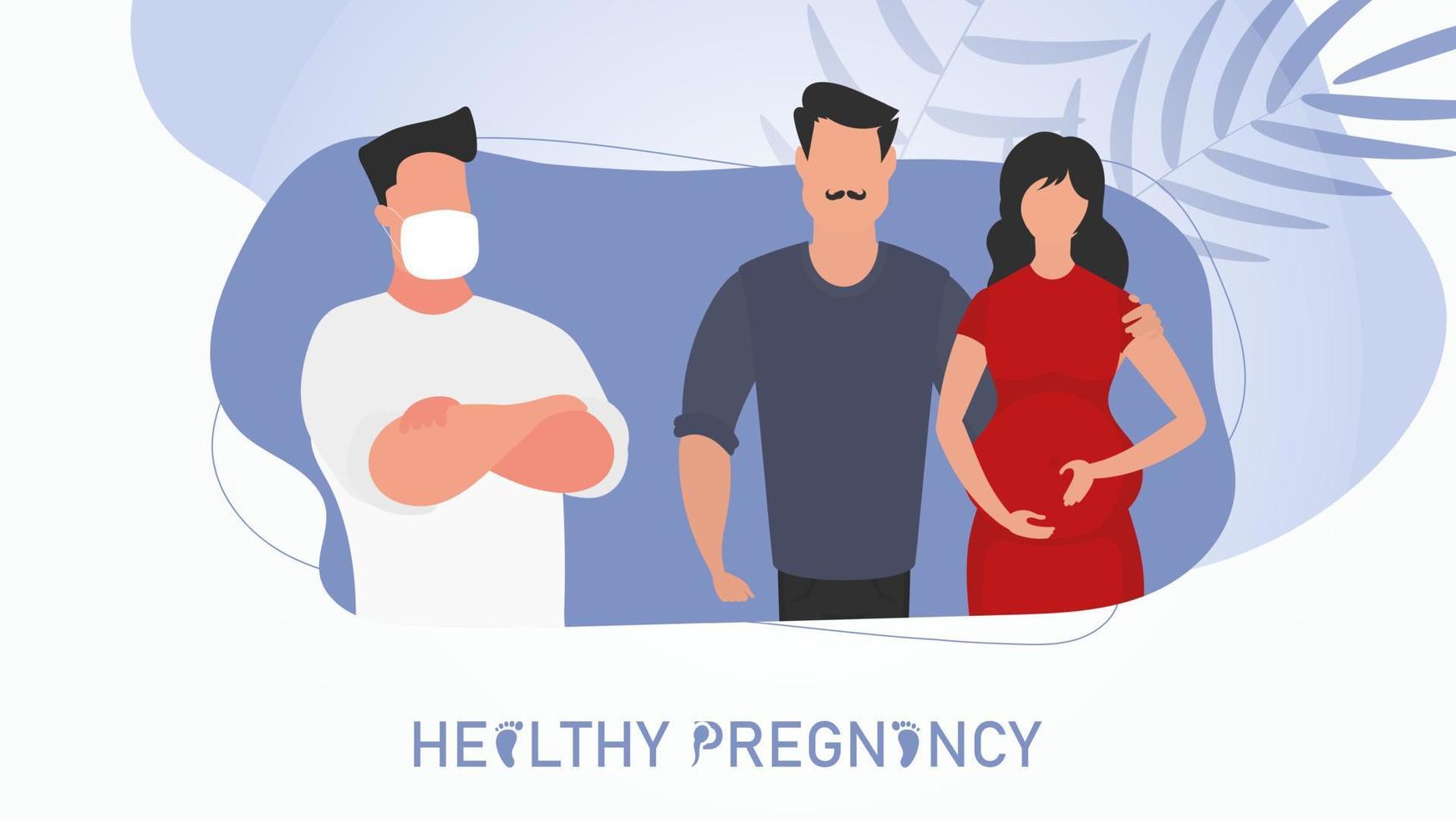 Healthy pregnancy banner. A married couple came to the doctor. Vector illustration.