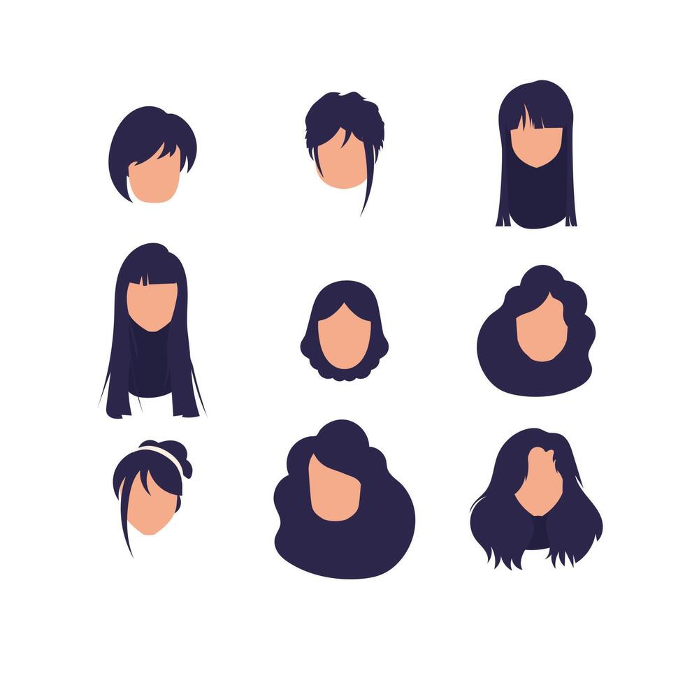 Big set of faces of girls with different hairstyles and different nationalities. Isolated. illustration. vector
