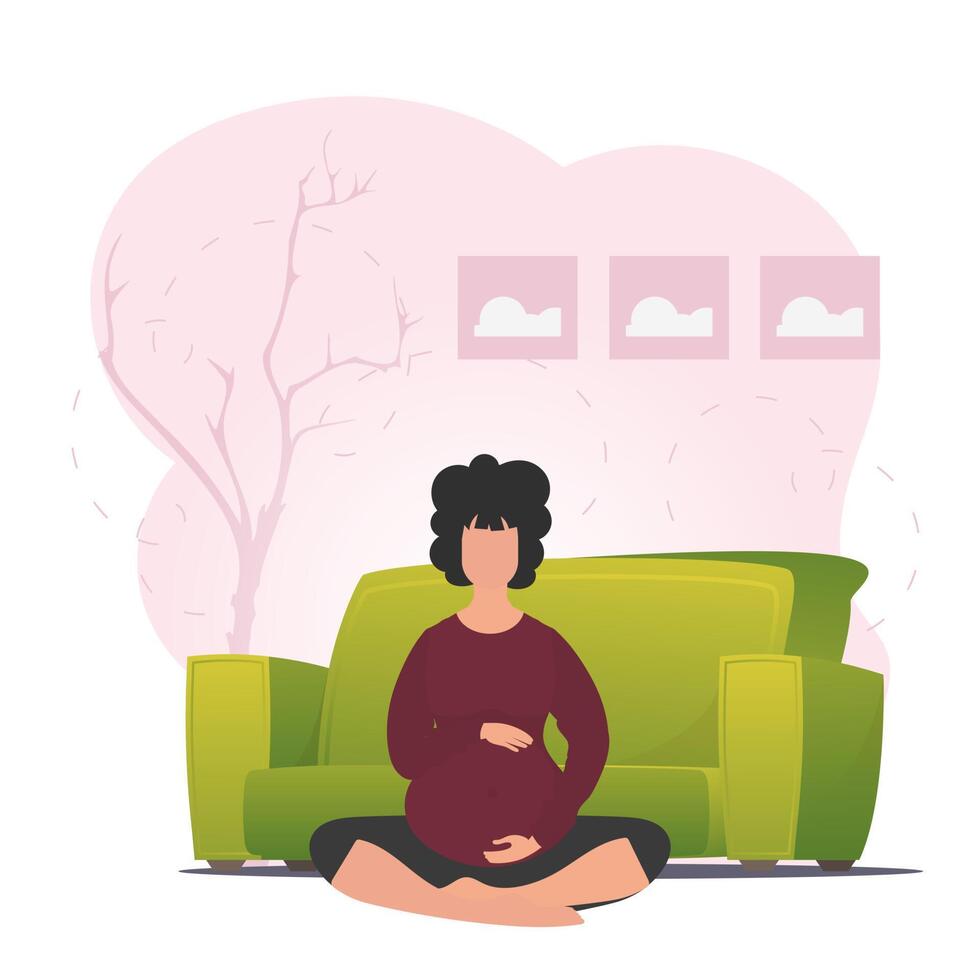 Pregnant woman in the lotus position. Yoga poses in the butterfly or lotus position. Vector flat illustration.