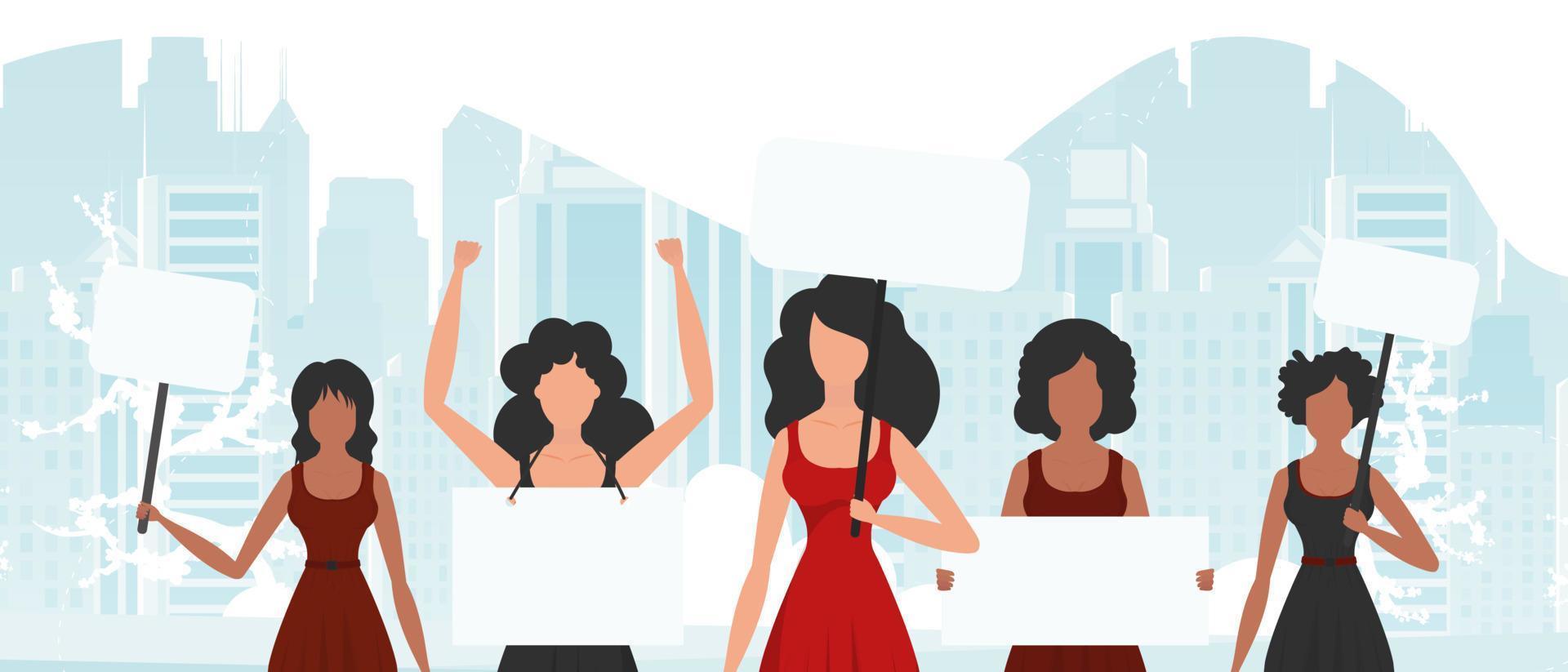A group of girls came out to protest. Banner in blue tones. Cute illustration in flat style. vector