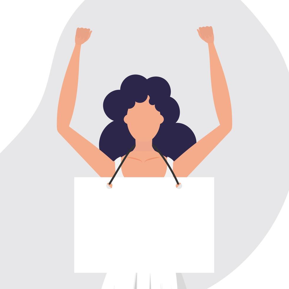 A woman with an empty banner in her hands. The concept of expressing thoughts, dissatisfaction and protests. Flat style. Vector. vector
