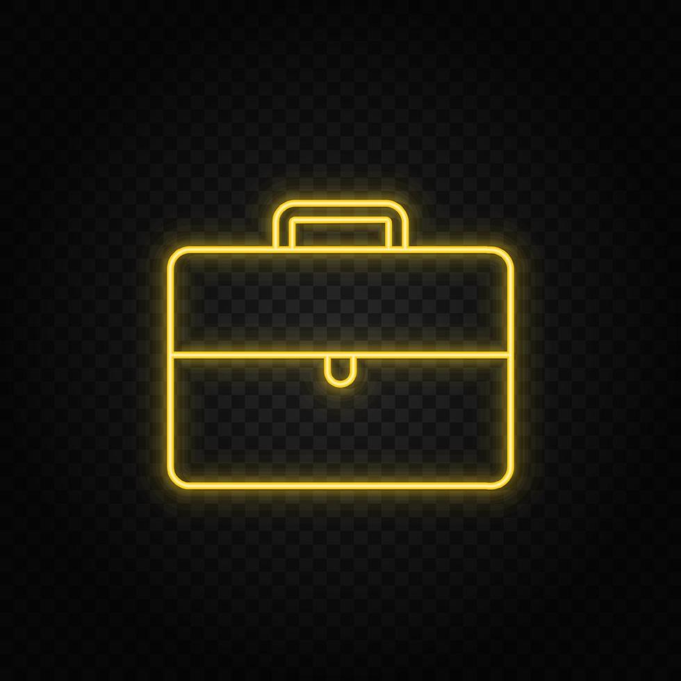 Yellow neon icon briefcase. Transparent background. Yellow neon vector icon on dark background