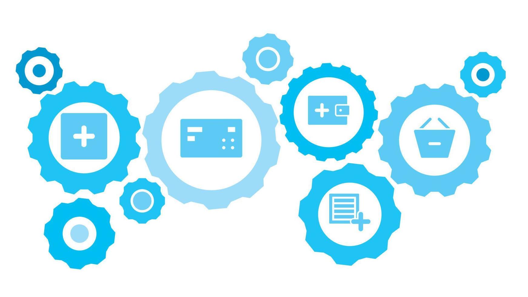 Connected gears and vector icons for logistic, service, shipping, distribution, transport, market, communicate concepts. Basket, remove, shopping gear blue icon set on white background