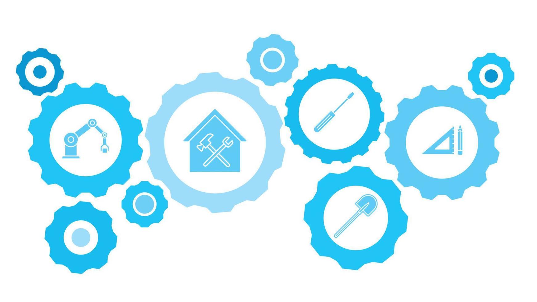 Connected gears and vector icons for logistic, service, shipping, distribution, transport, market, communicate concepts. building, construction, industry, measurement gear blue icon set.