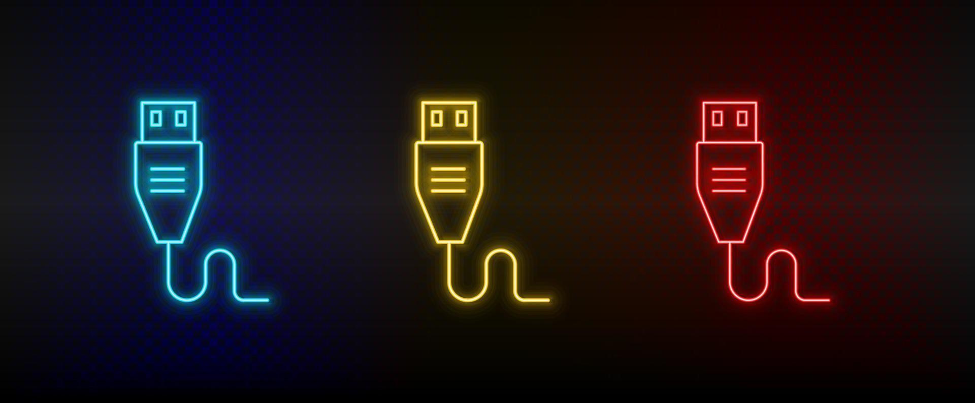 neón icono conjunto USB. conjunto de rojo, azul, amarillo neón vector icono en transparencia oscuro antecedentes