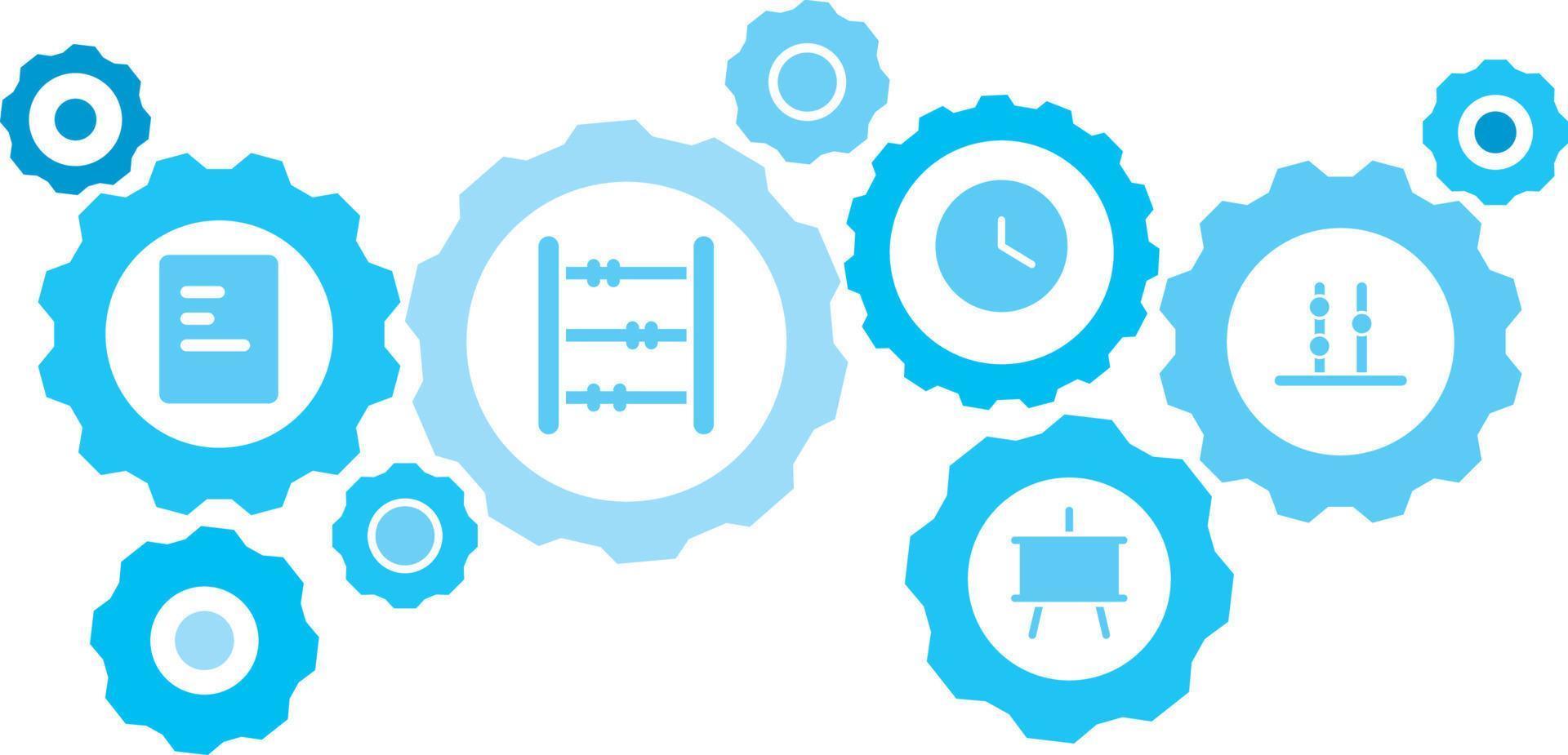 conectado engranajes y íconos para logístico, servicio, envío, distribución, transporte, mercado, comunicar conceptos,ábaco, contando engranaje azul icono colocar. entrega mecanismo concepto. en blanco antecedentes vector