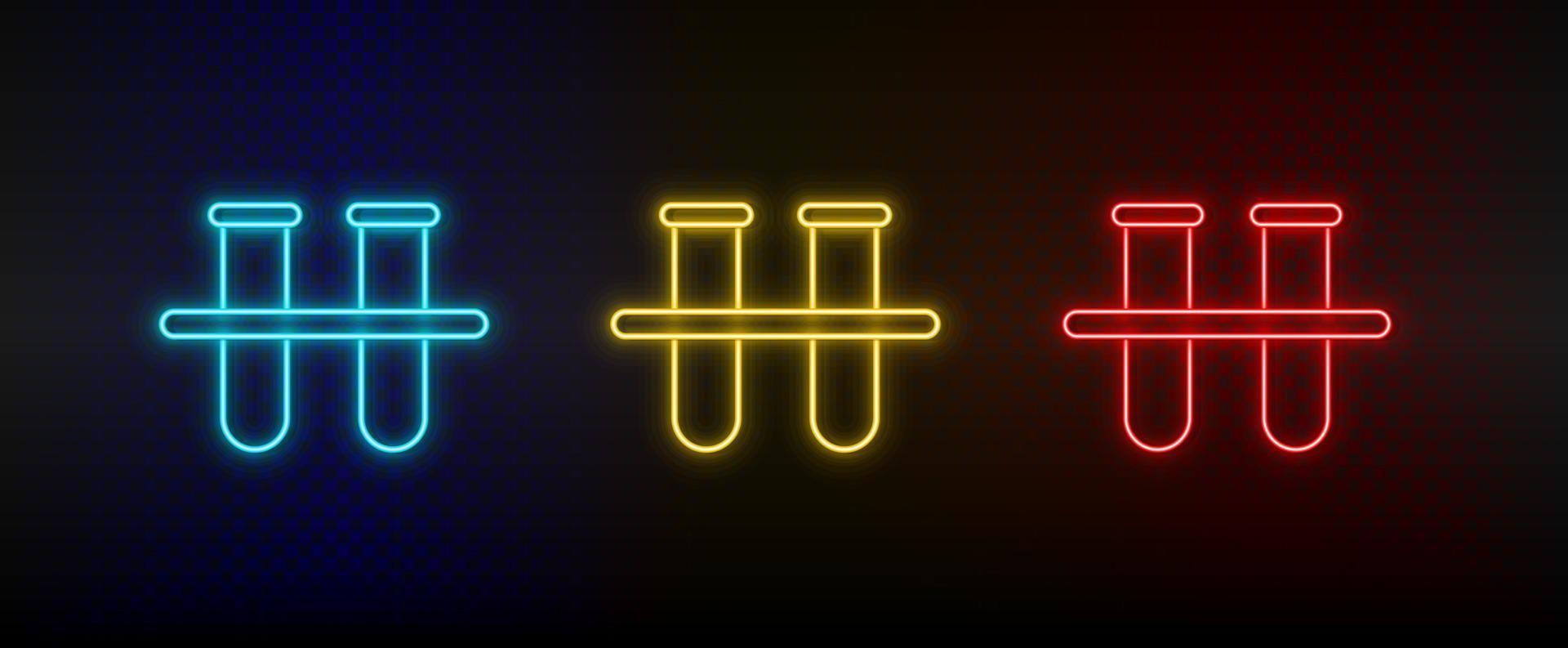 Neon icons, lab glassware. Set of red, blue, yellow neon vector icon on darken transparent background