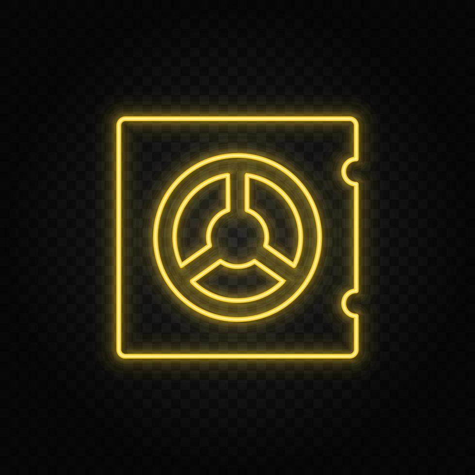 Yellow neon icon deposit, money, safe.Transparent background. Yellow neon vector icon on dark background