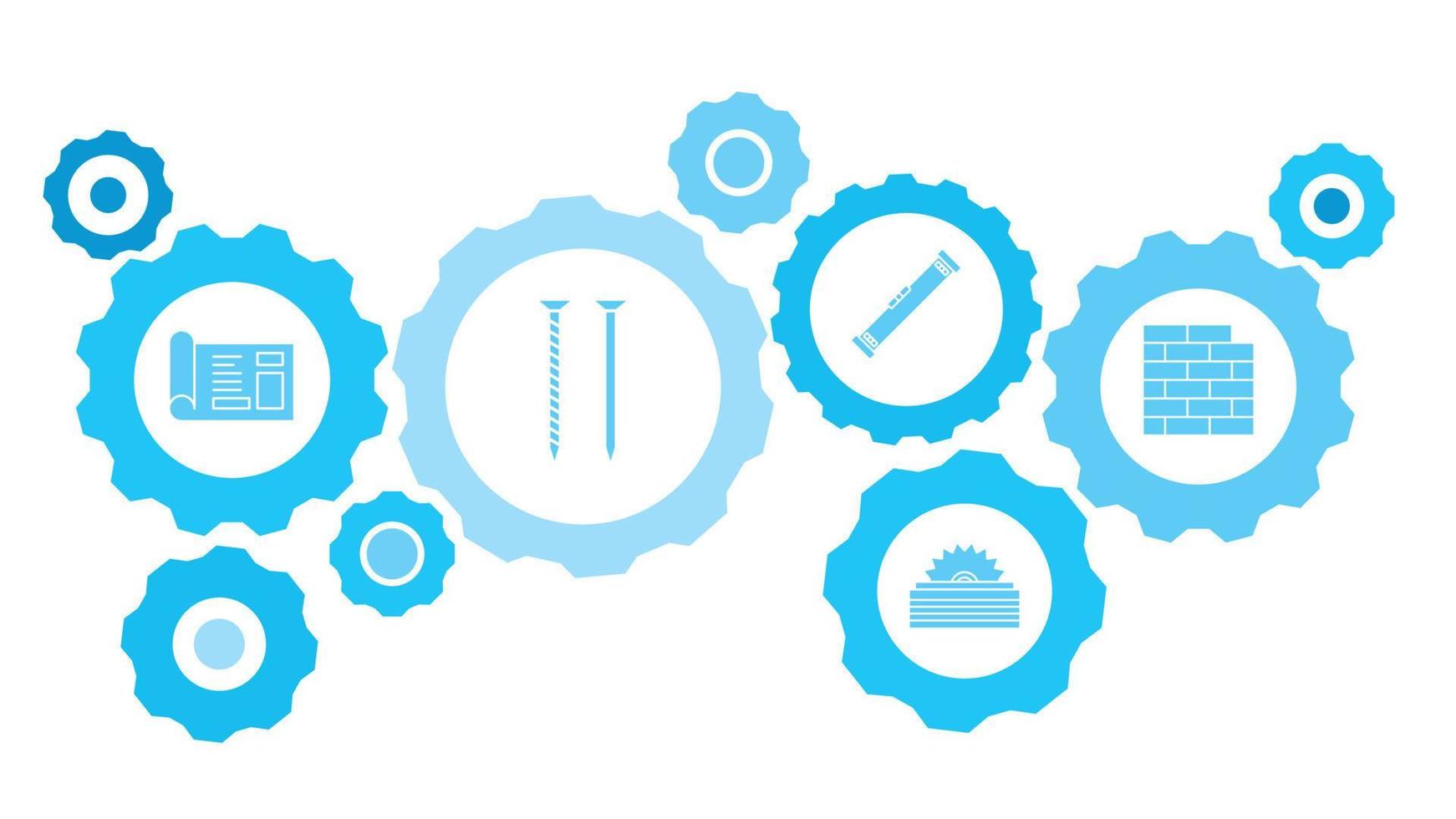 Connected gears and vector icons for logistic, service, shipping, distribution, transport, market, communicate concepts. building, construction, industry, brick gear blue icon set on white background