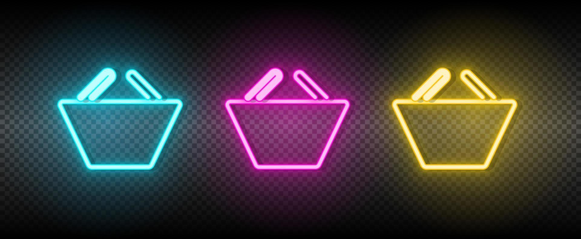 basket, ecommerce, shop neon vector icon. Illustration neon blue, yellow, red icon set