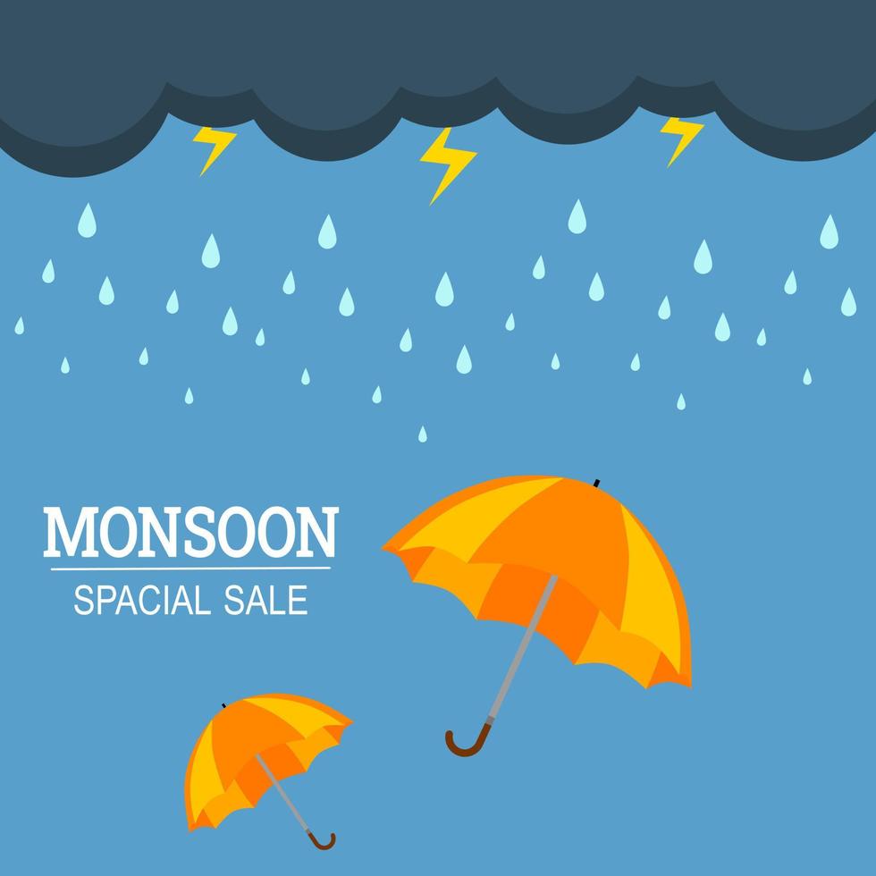 Rainy day with rain drop, dark sky, thunder and umbrella. Moonsoon spacial sale. vector