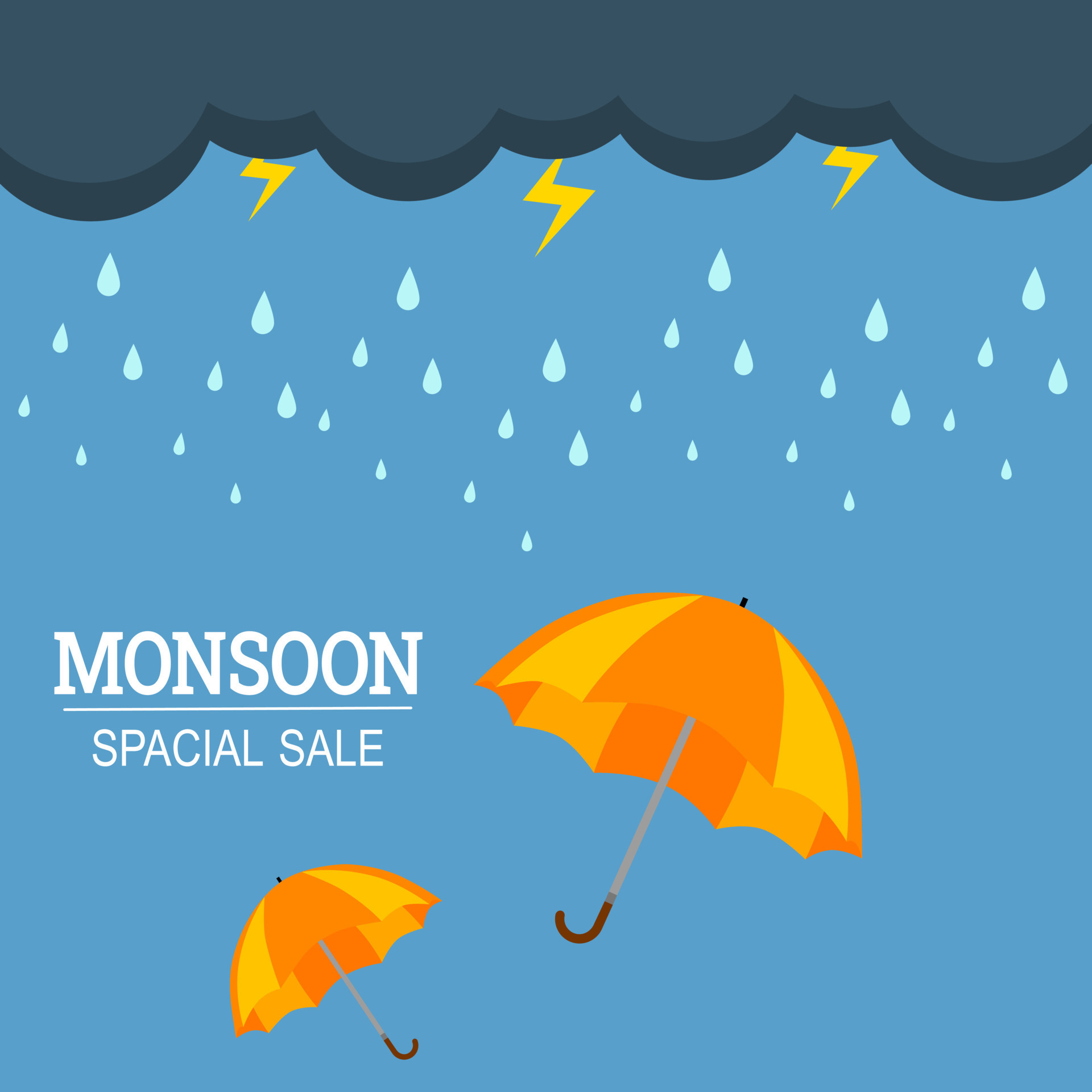 Rainy day with rain drop, dark sky, thunder and umbrella. Moonsoon
