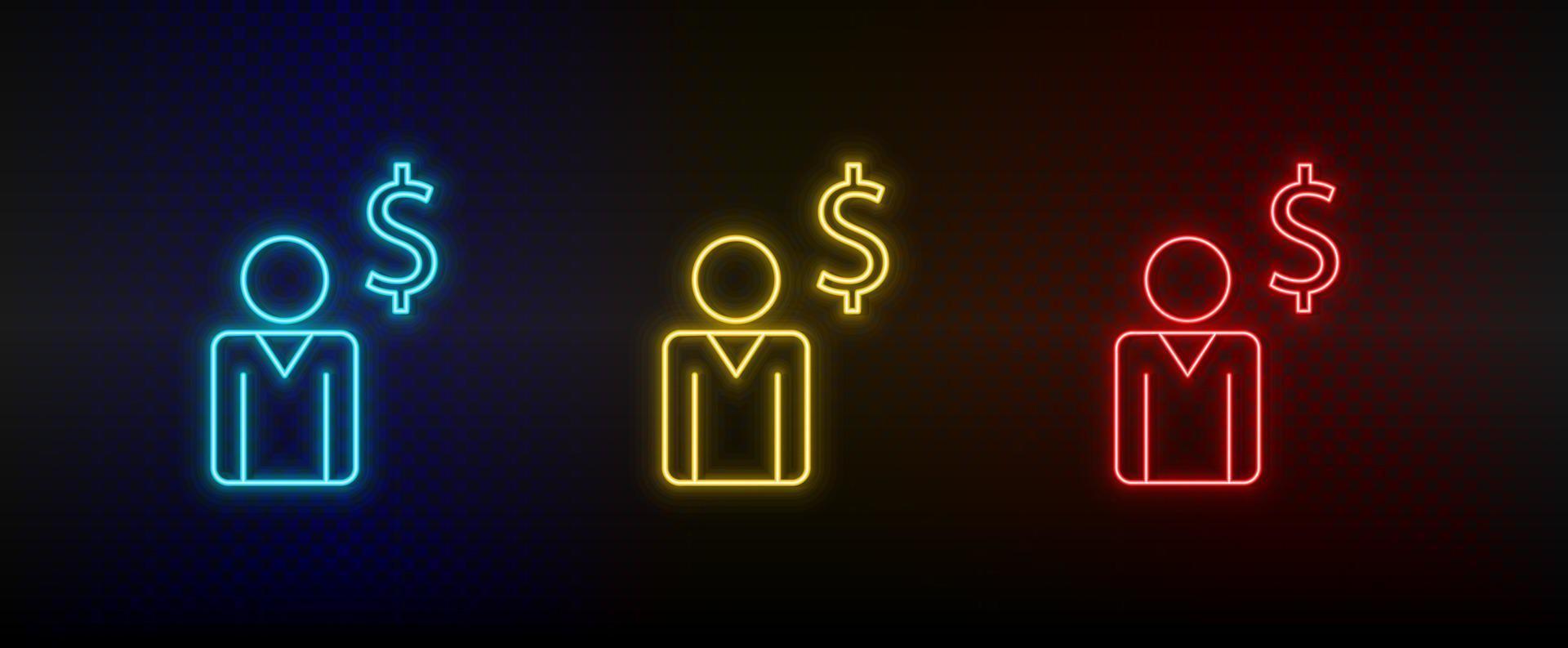 Neon icon set businessman, finance. Set of red, blue, yellow neon vector icon on transparency dark background