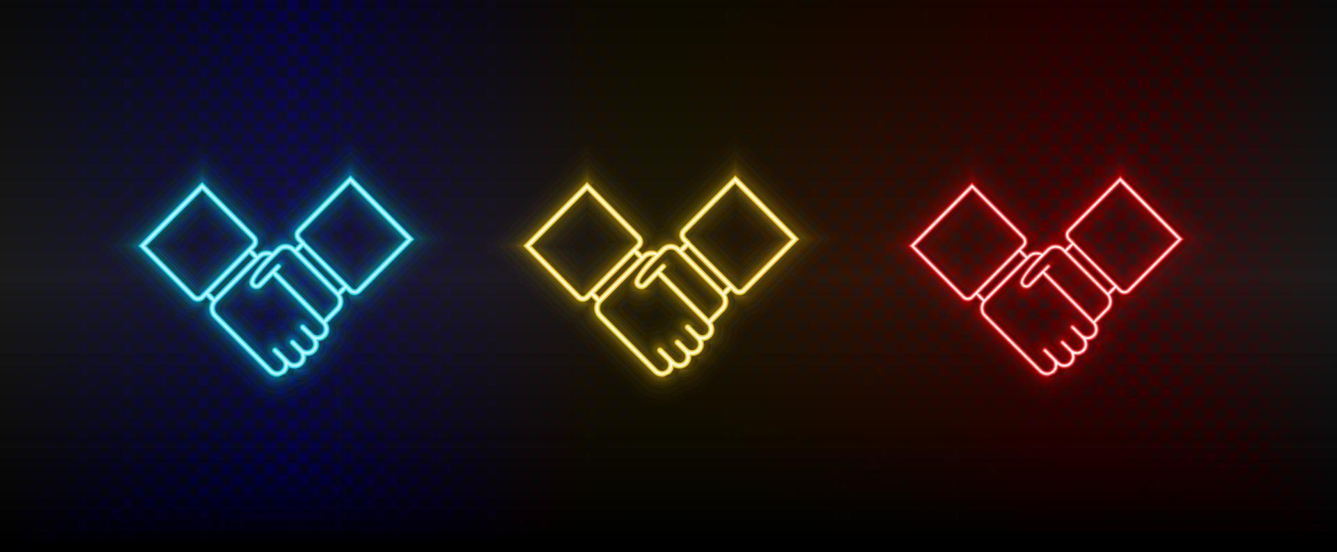 Neon icon set agreement, business. Set of red, blue, yellow neon vector icon on transparency dark background