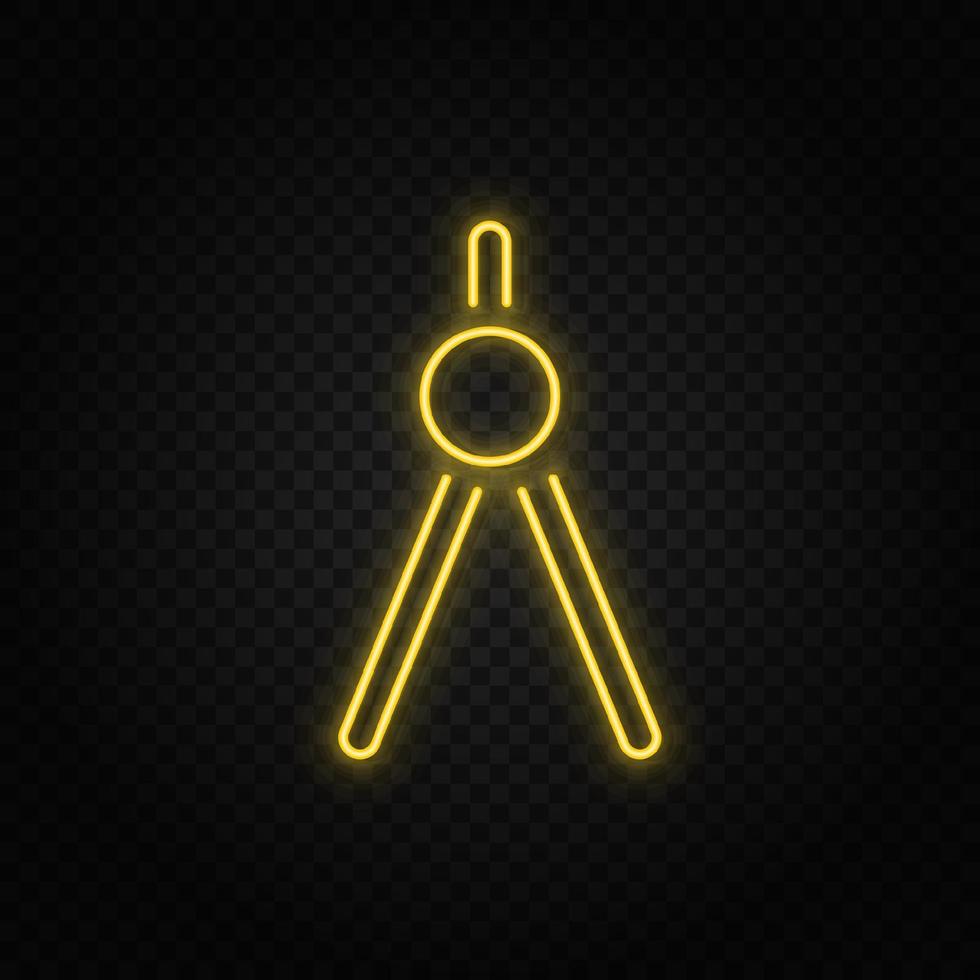 Yellow neon icon geometry, compass. Transparent background. Yellow neon vector icon on dark background