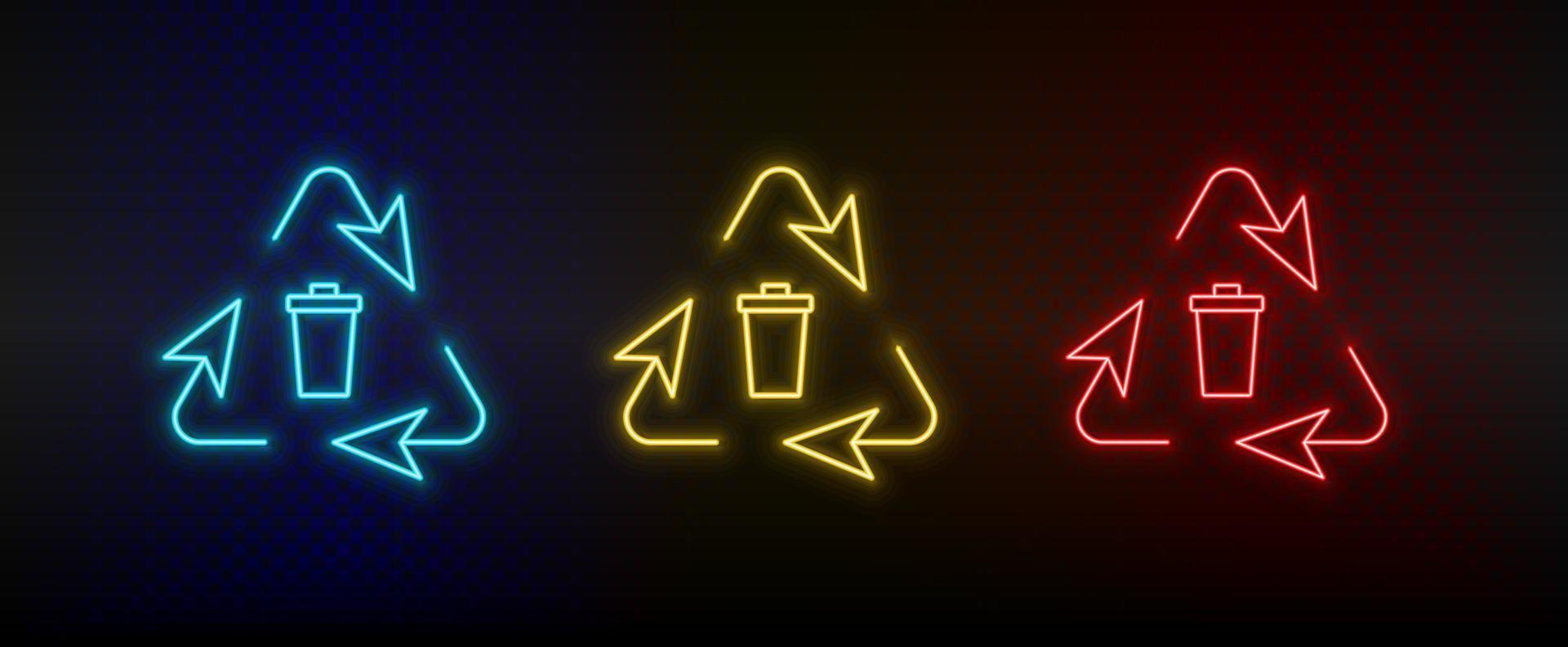 Neon icon set trashcan, eco. Set of red, blue, yellow neon vector icon on transparency dark background