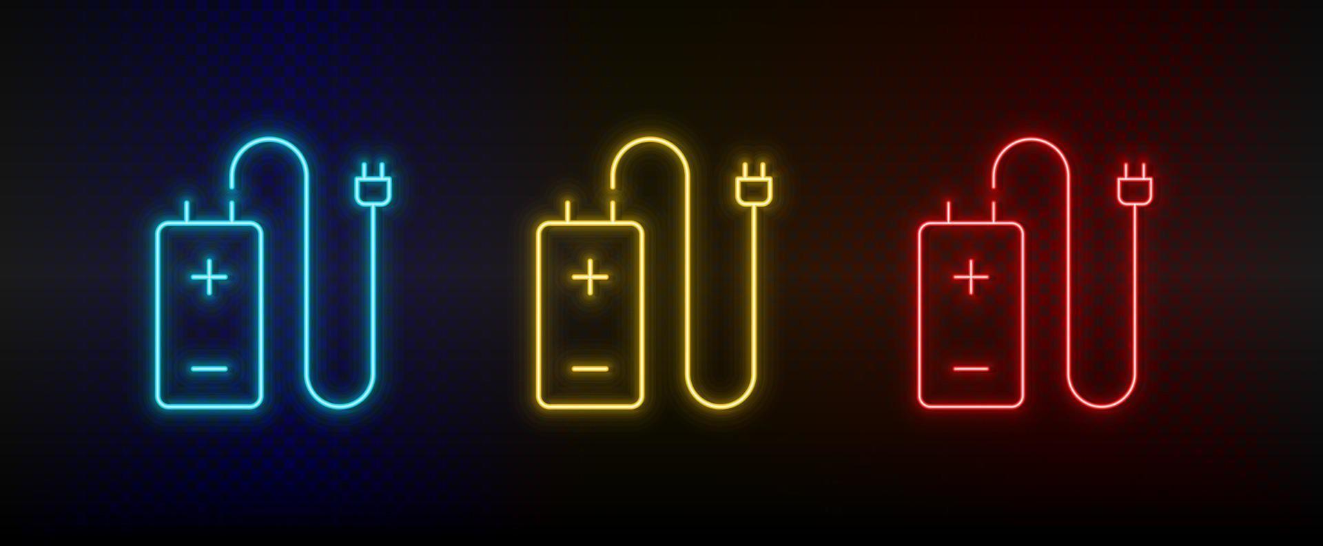 Neon icon set battery, charger. Set of red, blue, yellow neon vector icon on transparency dark background
