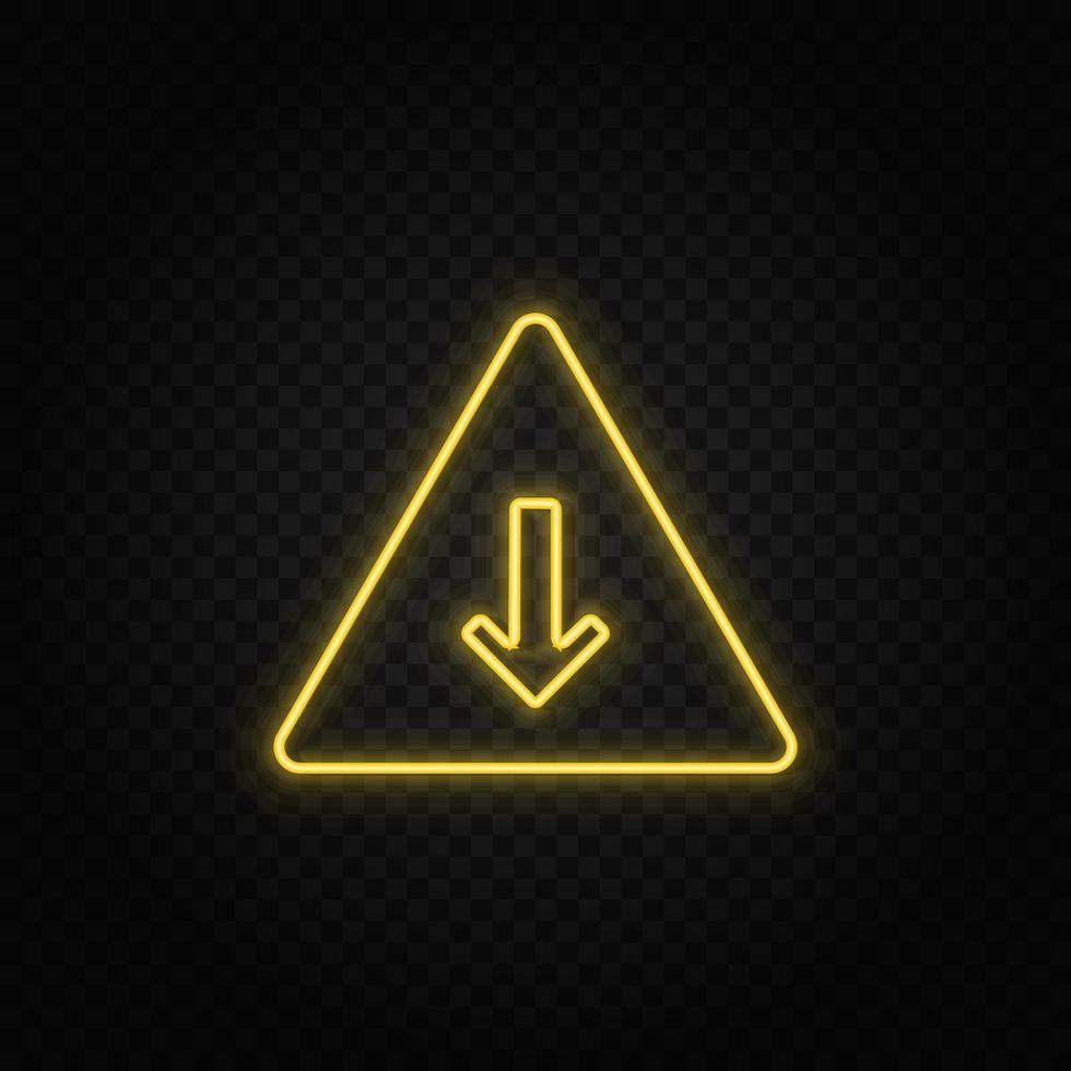 Yellow neon icon arrow, down, pyramid.Transparent background. Yellow neon vector icon on dark background