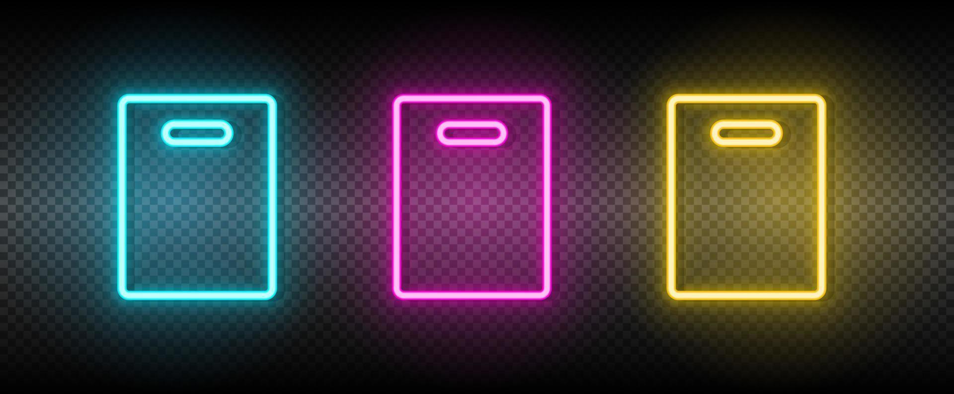 bolsa, compras neón vector icono. ilustración neón azul, amarillo, rojo icono conjunto