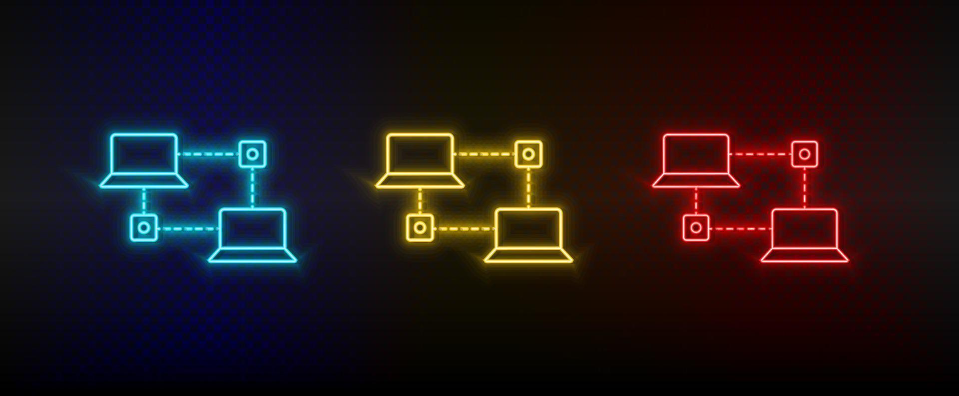 Neon icon set Database network. Set of red, blue, yellow neon vector icon on transparency dark background