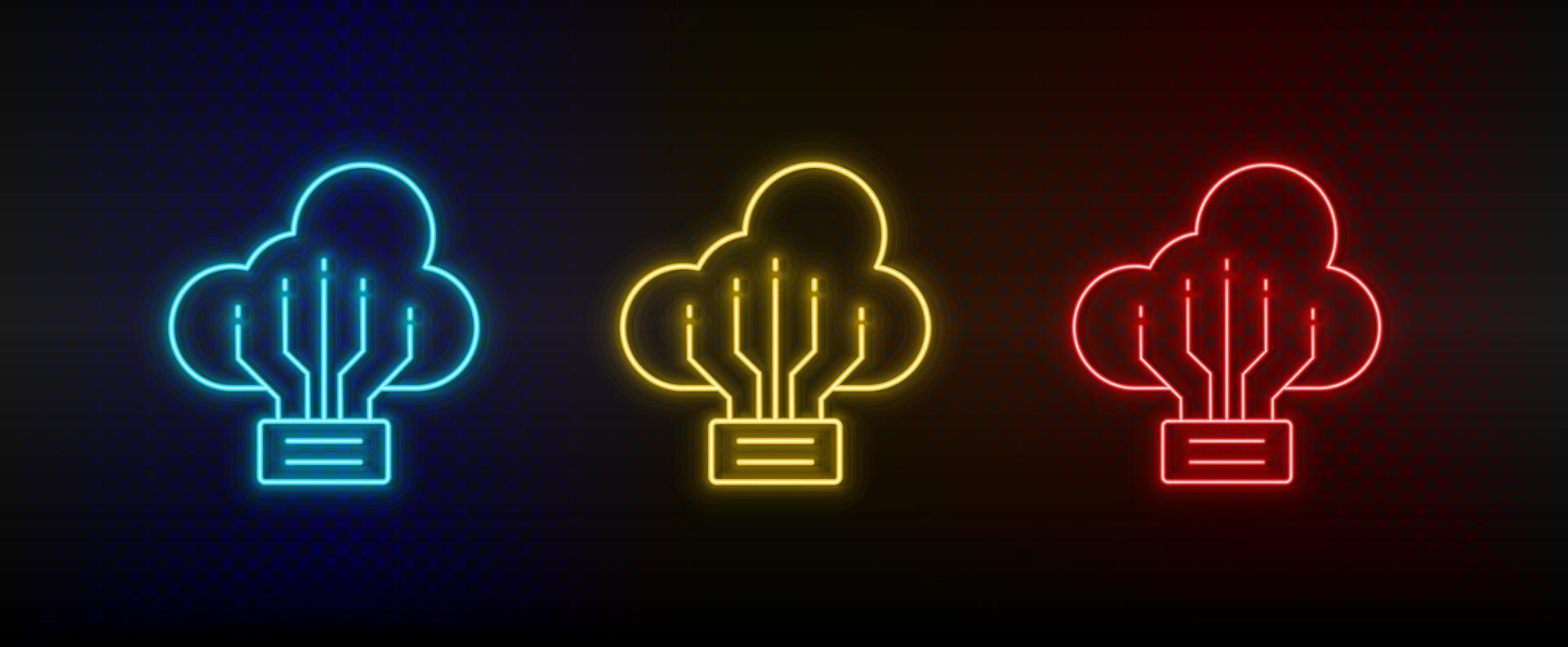 Neon icon set Backup cloud. Set of red, blue, yellow neon vector icon on transparency dark background