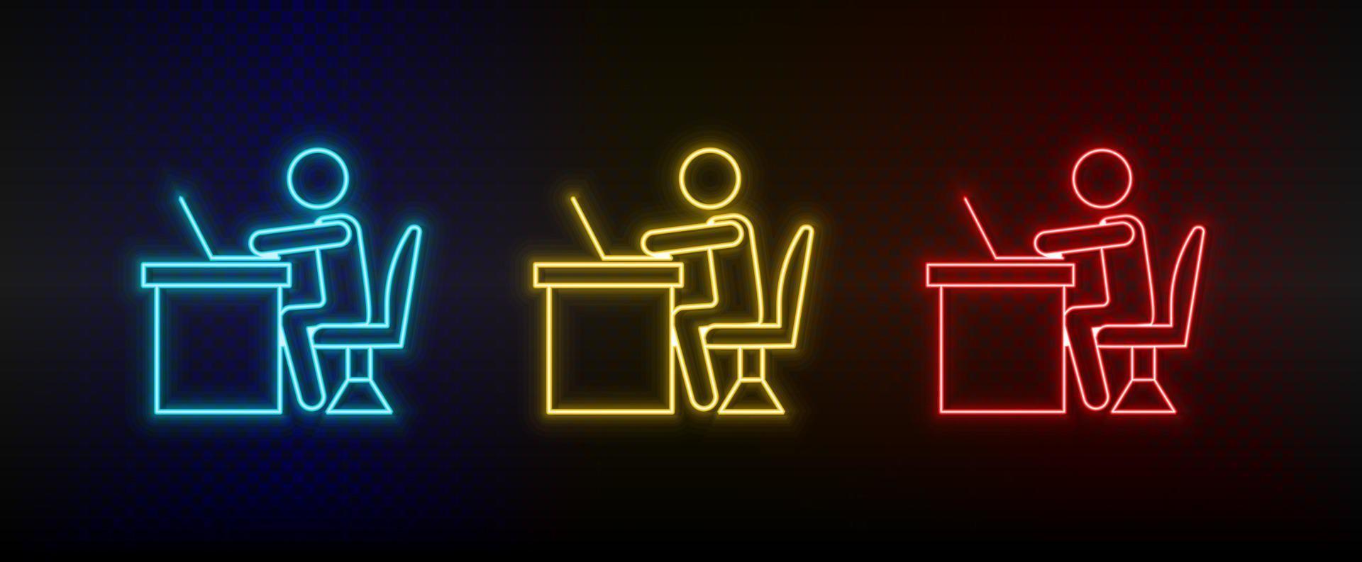 Neon icon set desk, office, office man. Set of red, blue, yellow neon vector icon on transparency dark background