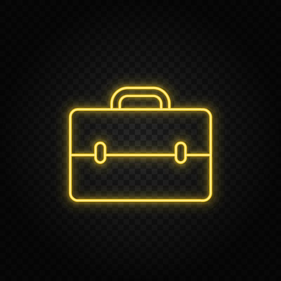 Yellow neon icon briefcase. Transparent background. Yellow neon vector icon on dark background