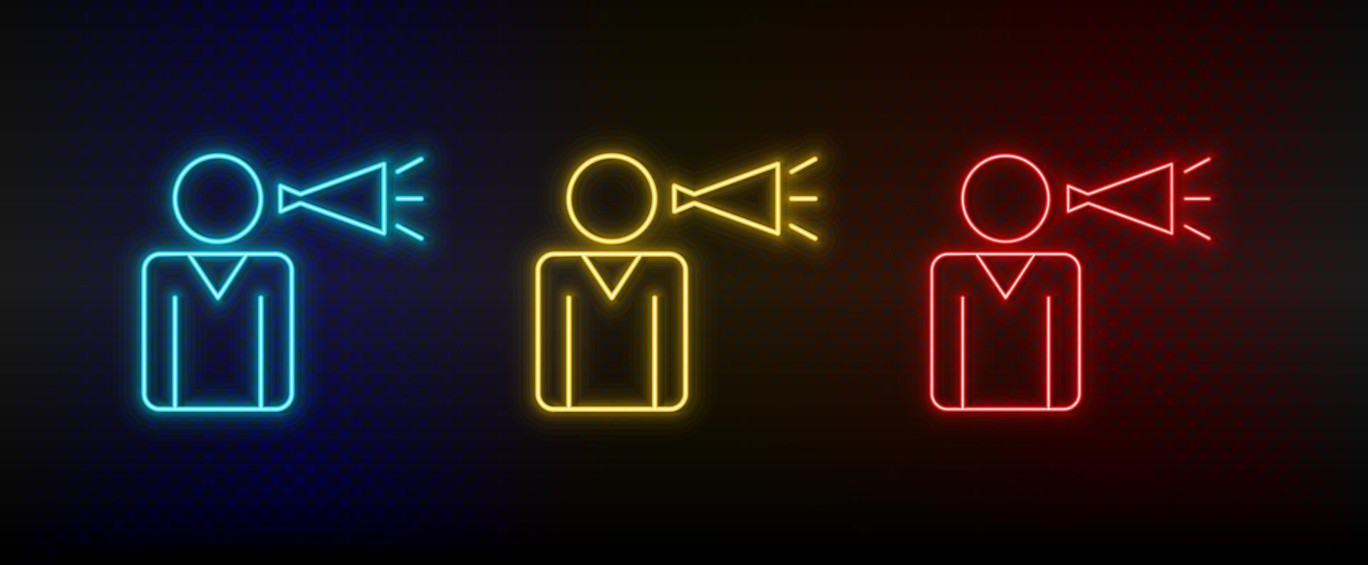 Neon icon set advertising, bullhorn. Set of red, blue, yellow neon vector icon on transparency dark background